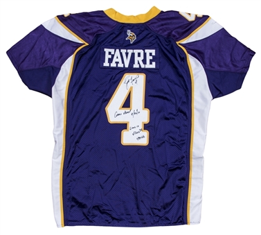 2010 Brett Favre Game Used, Signed, Inscribed & Photo Matched Minnesota Vikings Jersey Used on 9/26/10 for Career Touchdown Pass 499 (Favre LOA & Resolution Photomatching)